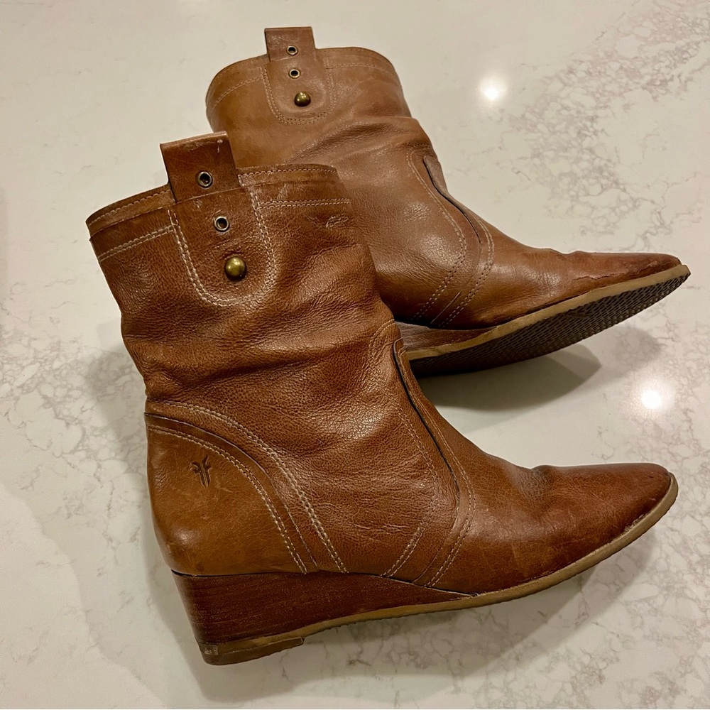 Vintage Frye Slouch Leather Wedge Booties- NEW SOLES - size 8.5